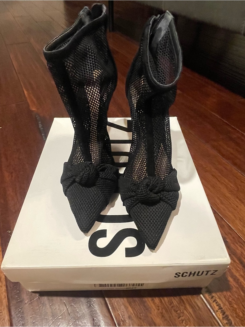 SCHUTZ Black Mesh Knot Pointed Toe Booties